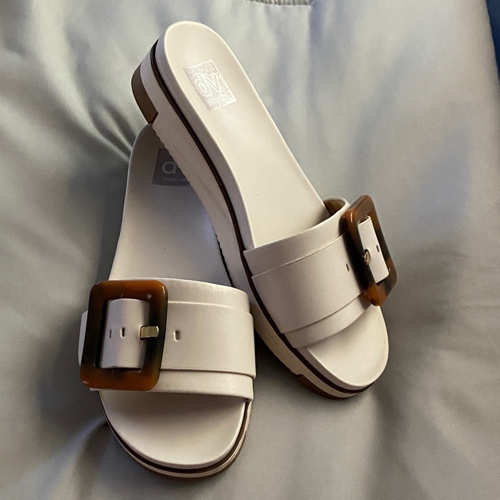 DV by Dolce Vita White Slide Sandals with Brown Buckle